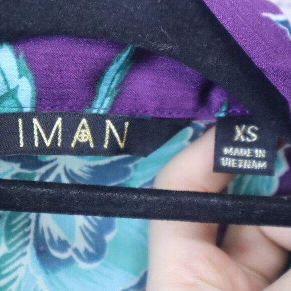 FLORAL TIE NECK BLOUSE XS Iman Purple Aqua Grape Blue Office Work Spring Satin - Picture 4 of 8
